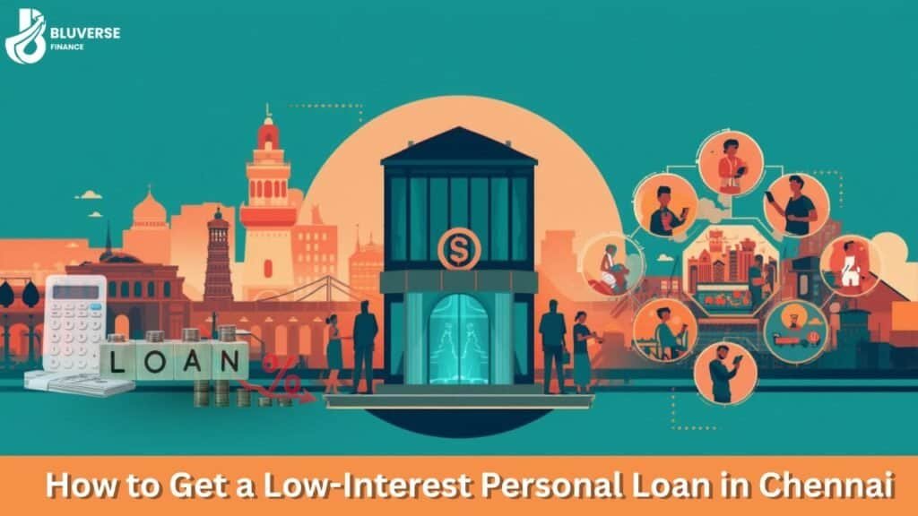 Low-interest personal loan process in Chennai illustrated with bank, EMI calculator, and borrowers