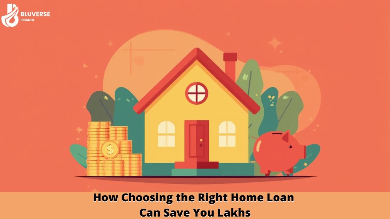 Illustration showing a house with savings coins and piggy bank representing how choosing the right home loan can save lakhs over time