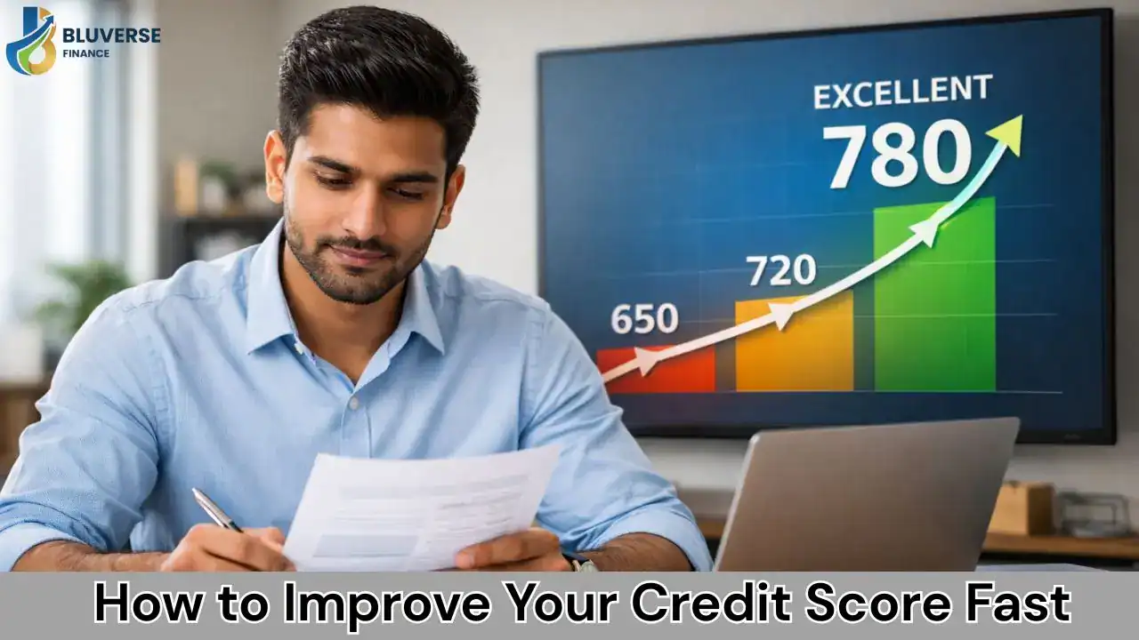 Indian professional reviewing financial documents with rising credit score graph showing 780, representing credit score improvement in India.