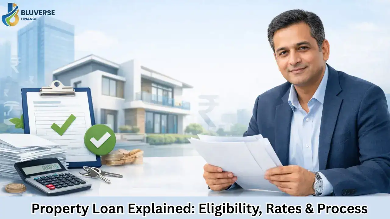 Property loan explained with eligibility, interest rates, and approval process, showing a business professional reviewing documents with residential property and finance elements.